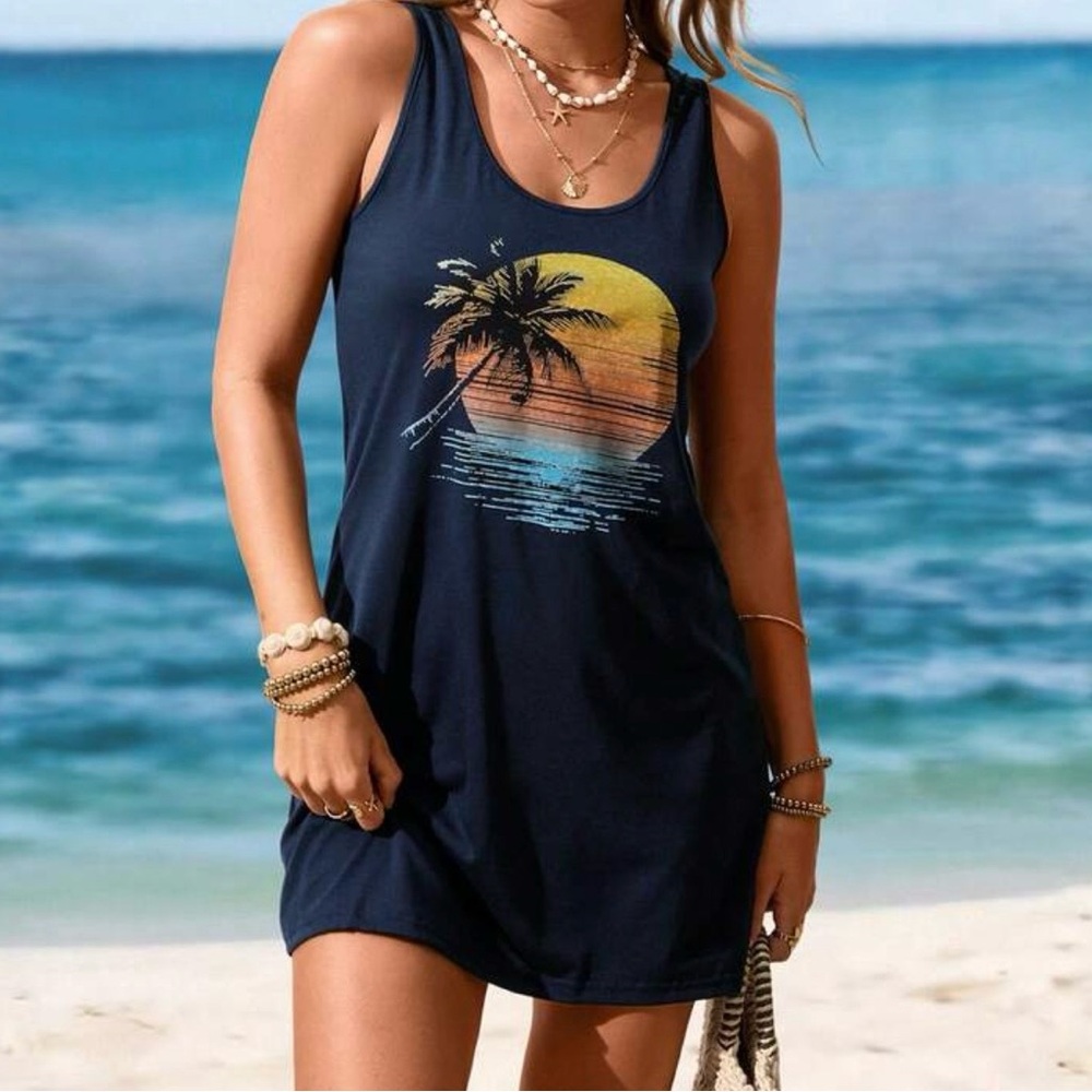 Tropical Palm Tree Printed Beach Cover Up Dress